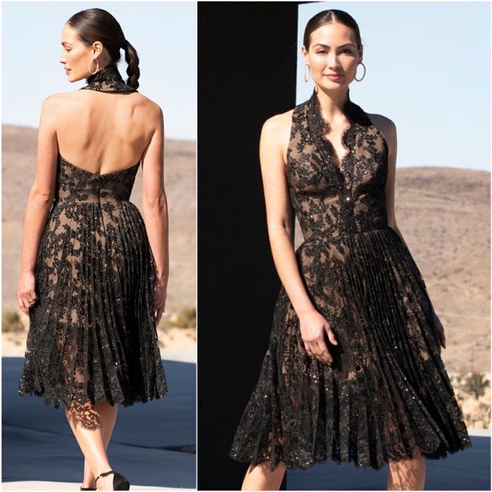 HELSI Sophia lace embroidered halter pleated midi dress size XS
